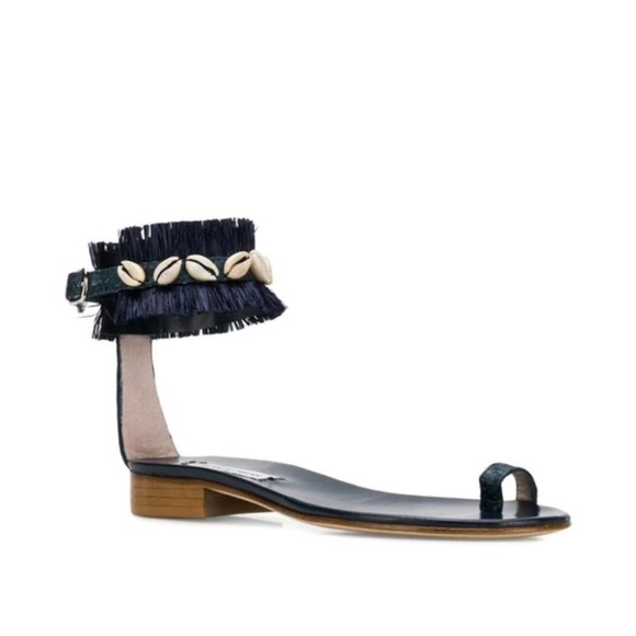 Leandra Medine Blue Leather & Fringe Sandals - Picture 2 of 6